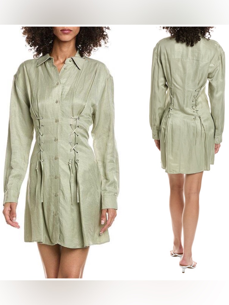 The Kooples Viscose/Linen Blend Sage Green Lace-Up Shirt Mini Dress Nwt $465